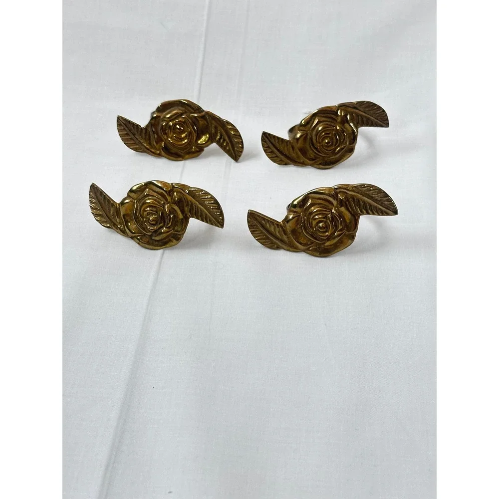 Vintage Brass Rose Napkin Rings Set of 4 Floral Leaf Gold Tone Table‎ Decor